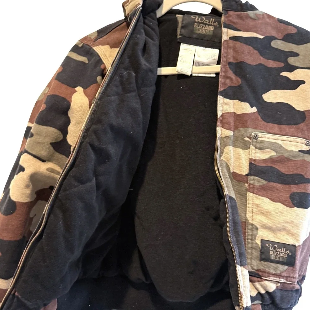 Walls‎ Blizzard Pruf Vintage Green Brown Camo Hooded Bomber Jacket Kids 12/14 YL